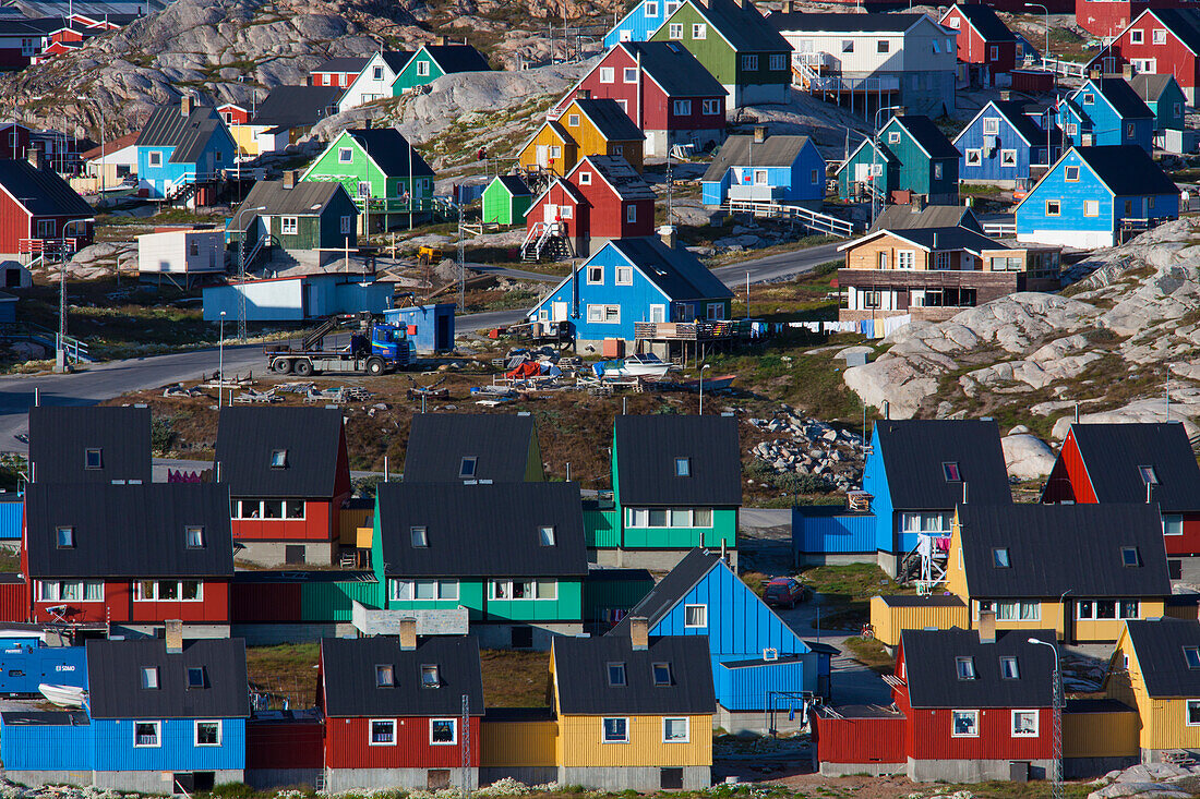 Bunte Wohnhäuser, Ilulissat, Jakobshavn, Kangia-Eisfjord, Disko-Bucht, West-Groenland, Grönland