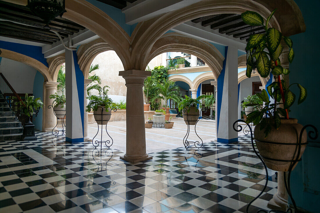 Spanish colonial architecture in courtyard at former Hotel Cuauhtemoc, Campeche city, Campeche State, Mexico