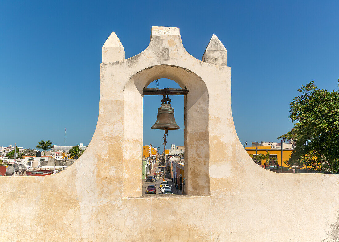 Fortifications Spanish military architecture of city walls, Campeche city, Campeche State, Mexico -  bell of Puerta de Tierra