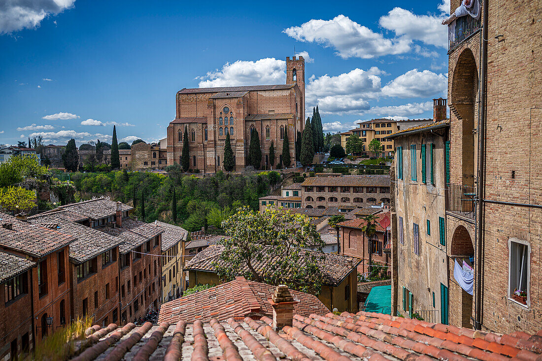  View with closed shutters from the old town of Basilica di San Domenico (Mendicant Order Church), Siena, Tuscany region, Italy, Europe 