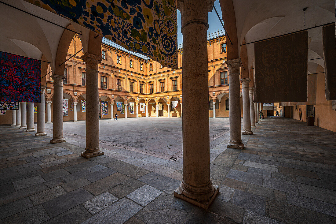  Teatro Comunale di Carpi, theater, next to it the Palazzo dei Pio, Piazza dei Martiri, in the background Carpi Cathedral, Basilica di Santa Maria Assunta, Carpi, Province of Modena, Region of Emilia-Romagna, Italy, Europe 