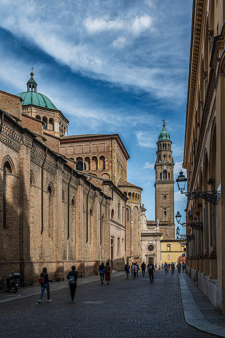  View of the church tower of San Giovanni Evangelista, cathedral on the left sideParma, Province of Parma, Emilia-Romagna, Italy, Europe 