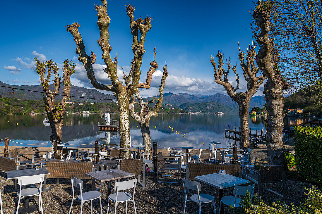  View of the lake from the beach Lido di Gozzano at the south end, Lake Orta is a northern Italian lake in the northern Italian, Lago d&#39;Orta, or Cusio, region of Piedmont, Italy, Europe 