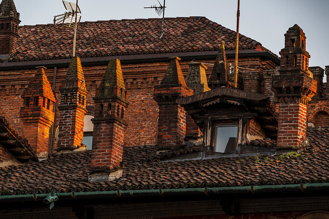  Piazza Ducale with chimneys on the roofs, Vigevano, Province of Pavia, Lombardy, Italy, Europe 