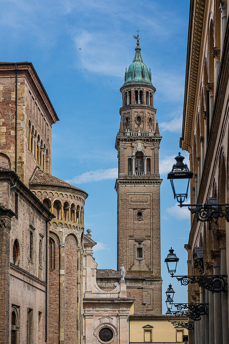  View of the church tower of San Giovanni Evangelista, cathedral on the left sideParma, Province of Parma, Emilia-Romagna, Italy, Europe 