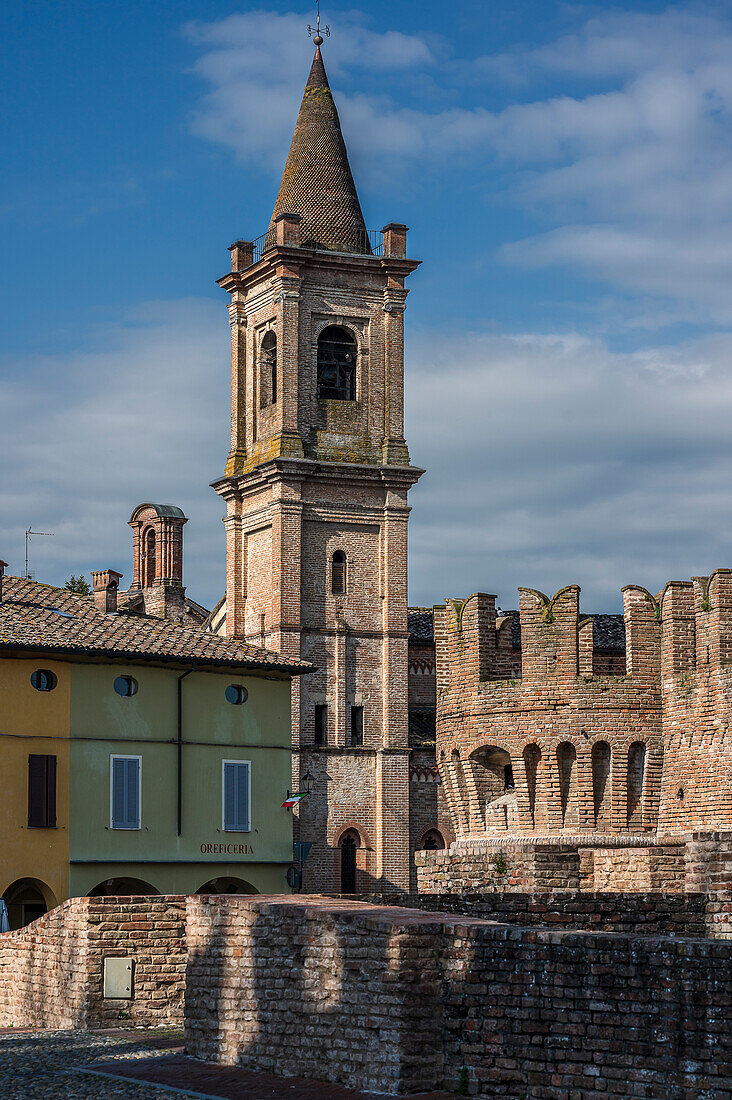  Colorful houses with church tower, Rocca Sanvitale moated castle, Fontanellato, Parma province, Emilia-Romagna, Italy, Europe 