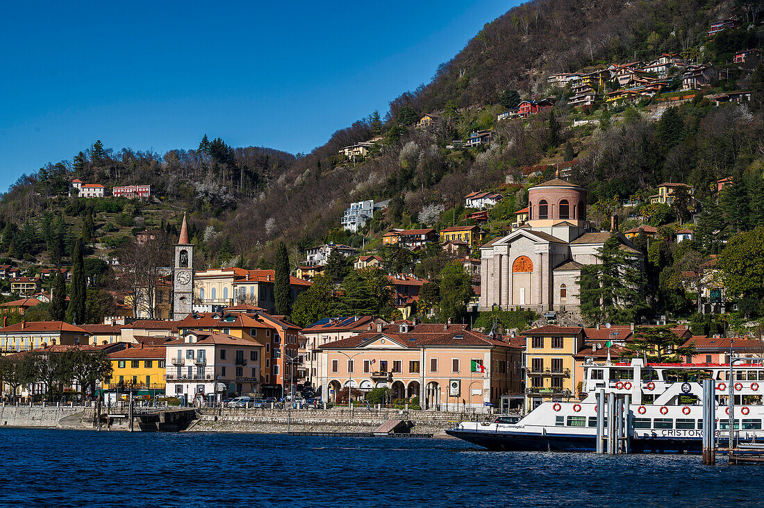  Ferry in the port of Laveno-Mombello, Varese province, Lake Maggiore, Lombardy, Italy, Europe 