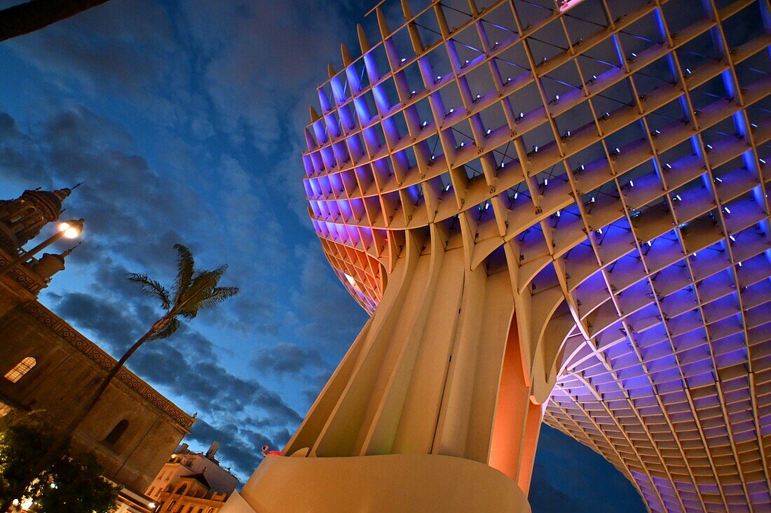 Beleuchtung an der Holzskulptur Metropol Parasol oder 'las Setas', Plaza de la Encarnación, Sevilla, Andalusien, Spanien