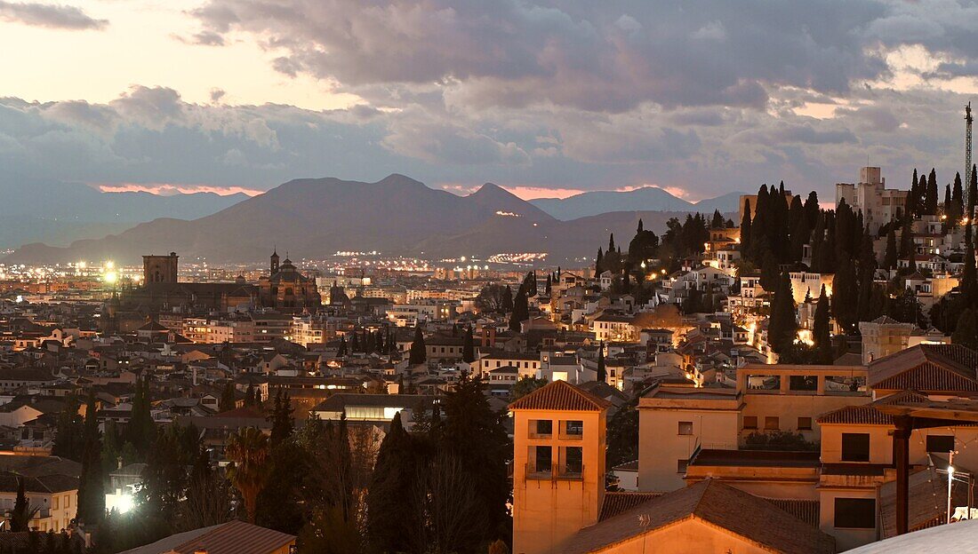  View from the east of the old town of Granada with the Cathedral, Andalusia, Spain 