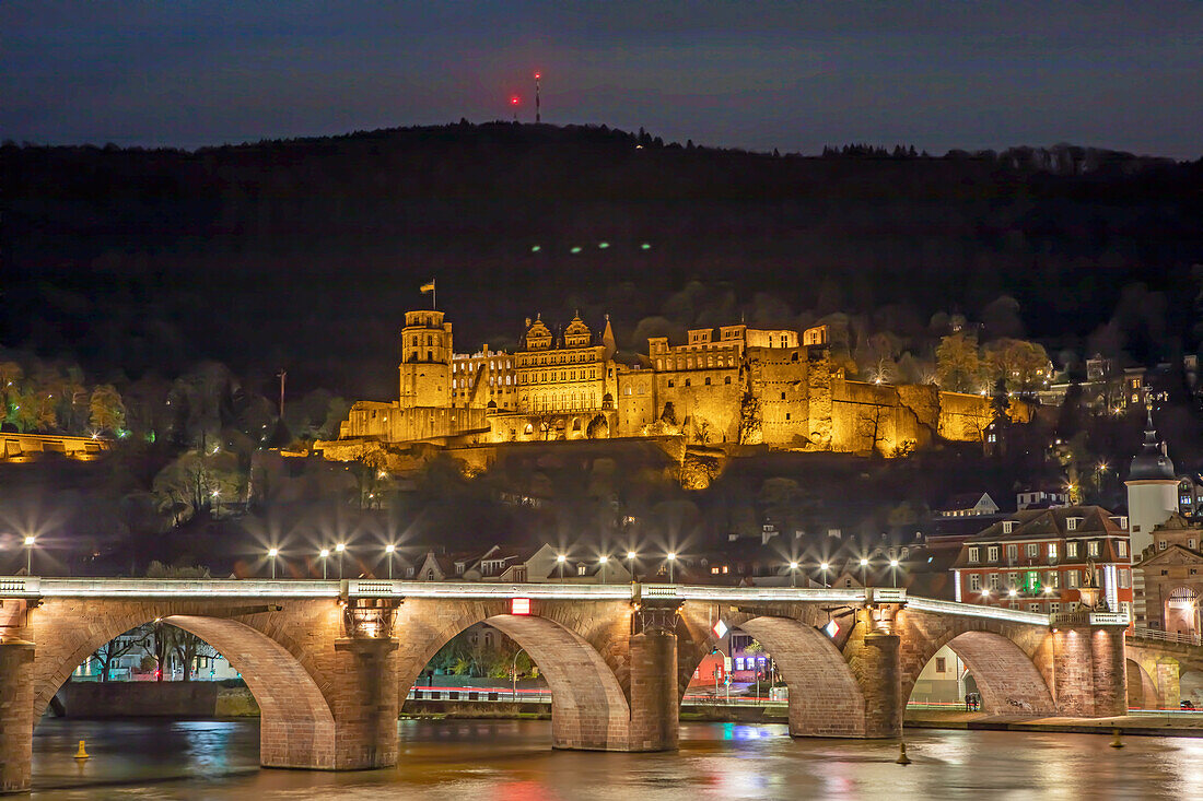  Old Bridge and Castle at night, Heidelberg, Baden-Württemberg, Neckar, Germany, Europe 