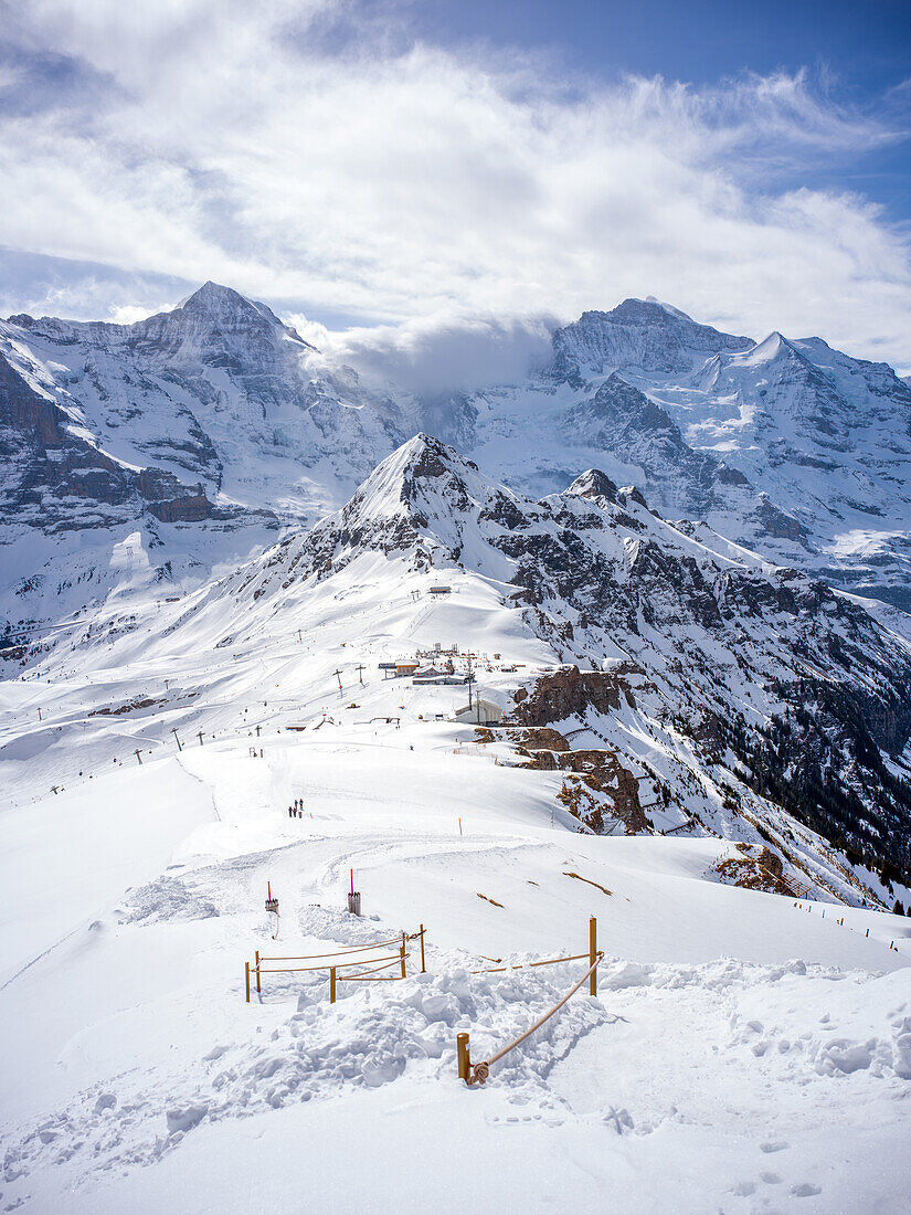  View from Männlichen to Mönch and Jungfrau, Alps, Wengen, Grindelwald, Canton of Bern, Bern, Valais, Switzerland, Europe 