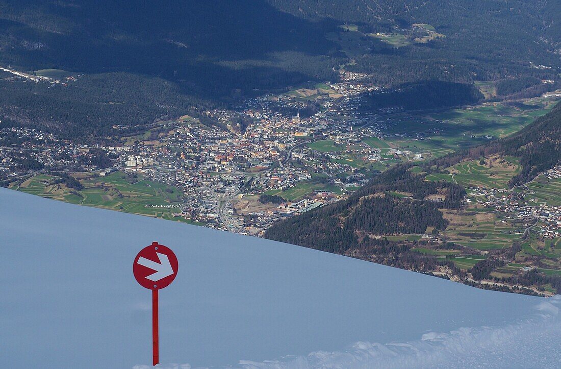  Hochzeiger ski area with view of the Inn Valley with Imst, Pitztal, winter in Tyrol, Austria 