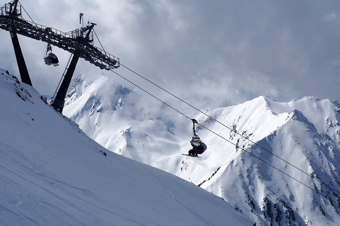  Chairlift in the Hochzeiger ski area, Pitztal, winter in Tyrol, Austria 