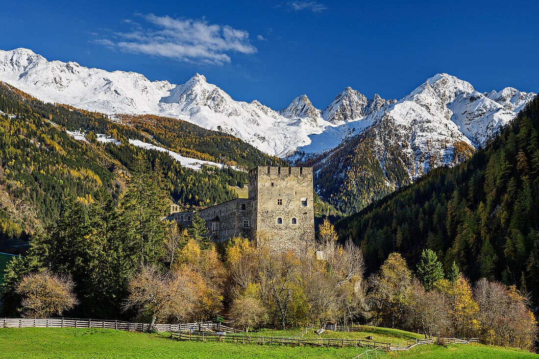  Berneck Castle in autumnal Kaunertal with Ötztal Alps in the background, Kaunertal, Ötztal Alps, Tyrol, Austria 