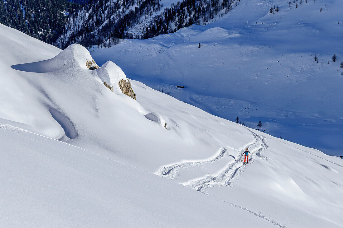  Woman on ski tour ascending to Junsjoch, Junsjoch, Tux Alps, Tyrol, Austria 