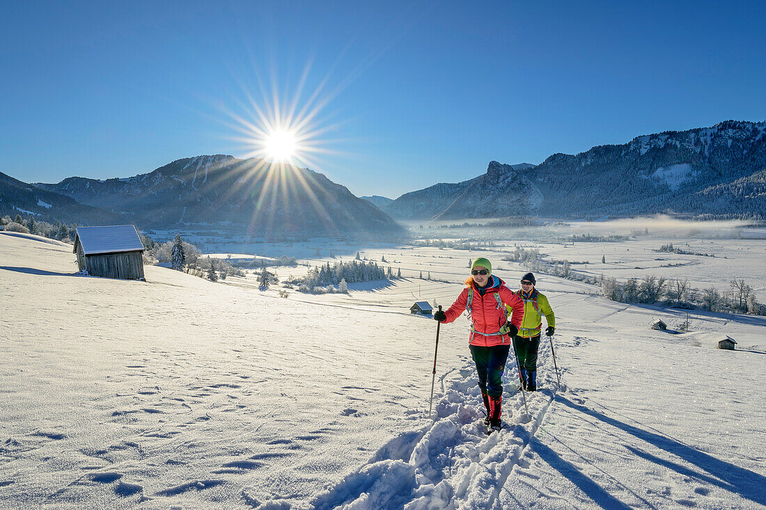  Man and woman winter hiking, Laber and Kofel in the background, from Altherrenweg, Unterammergau, Upper Bavaria, Bavaria, Germany  