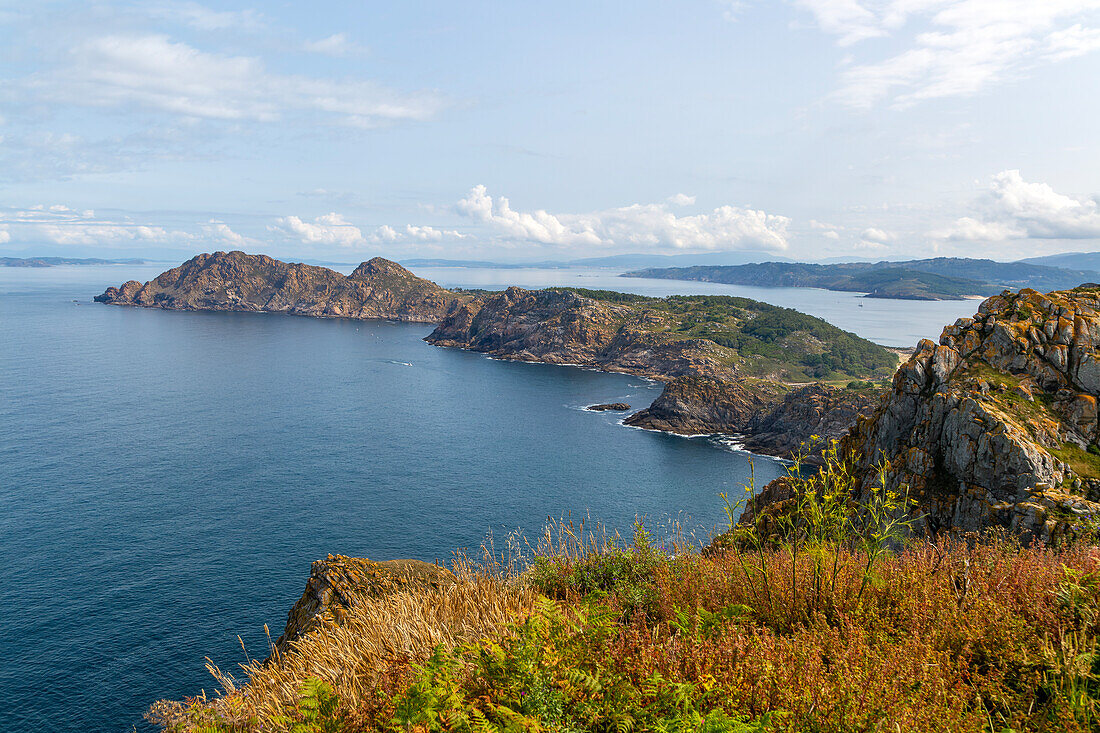 West facing steep cliffs view north from Isla del Faro, Cies Islands, Atlantic Islands Galicia Maritime Terrestrial National Park, Spain