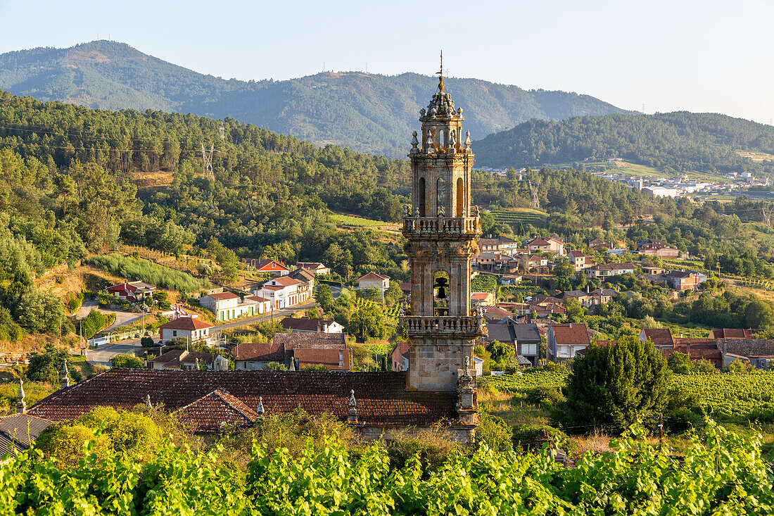 Tower of church Igrexa de Santo André surrounding countryside, Campo Redondo, Ribadavia, Ourense province, Galicia, Spain