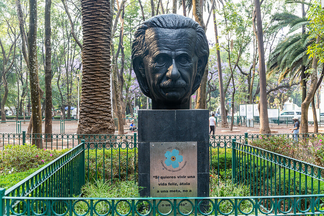 Albert Einstein bust, memorial monument to Armenia genocide, Parque Mexico, La Condesa, Mexico City, Mexico