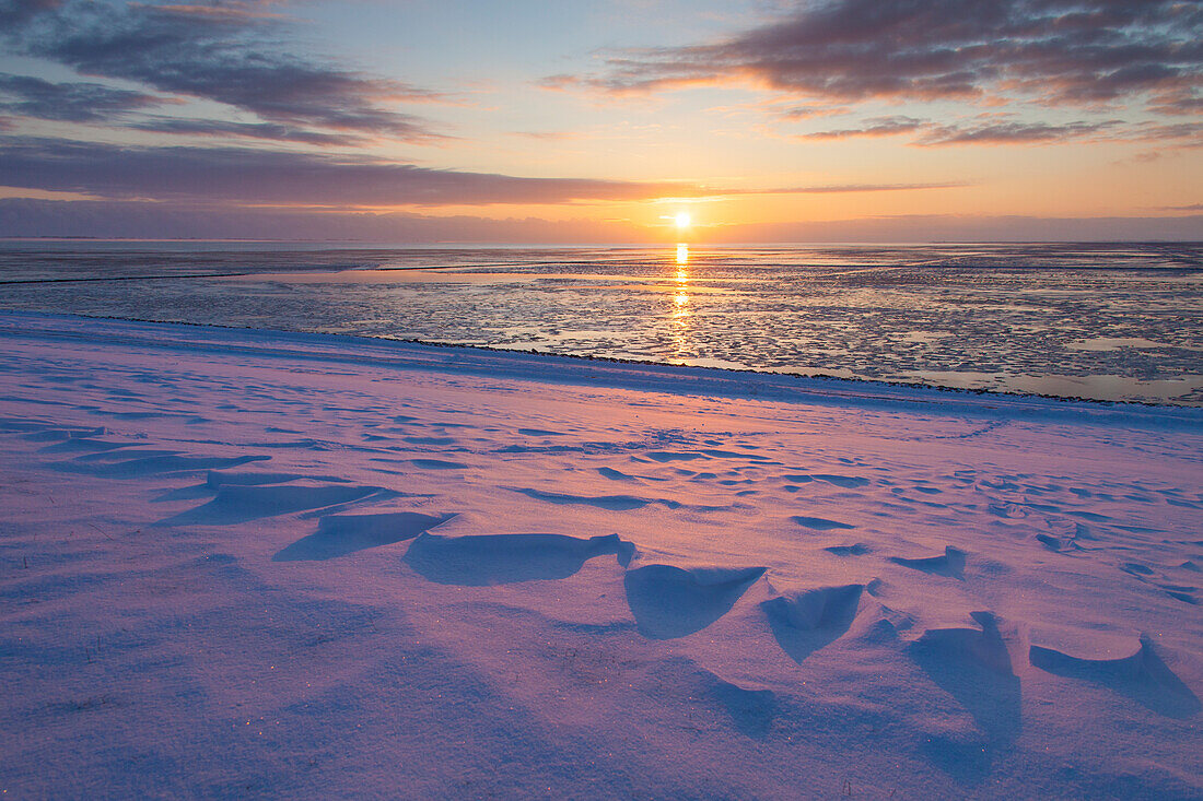  Mudflat landscape, evening atmosphere, winter, Wadden Sea National Park, North Friesland, Schleswig-Holstein, Germany 