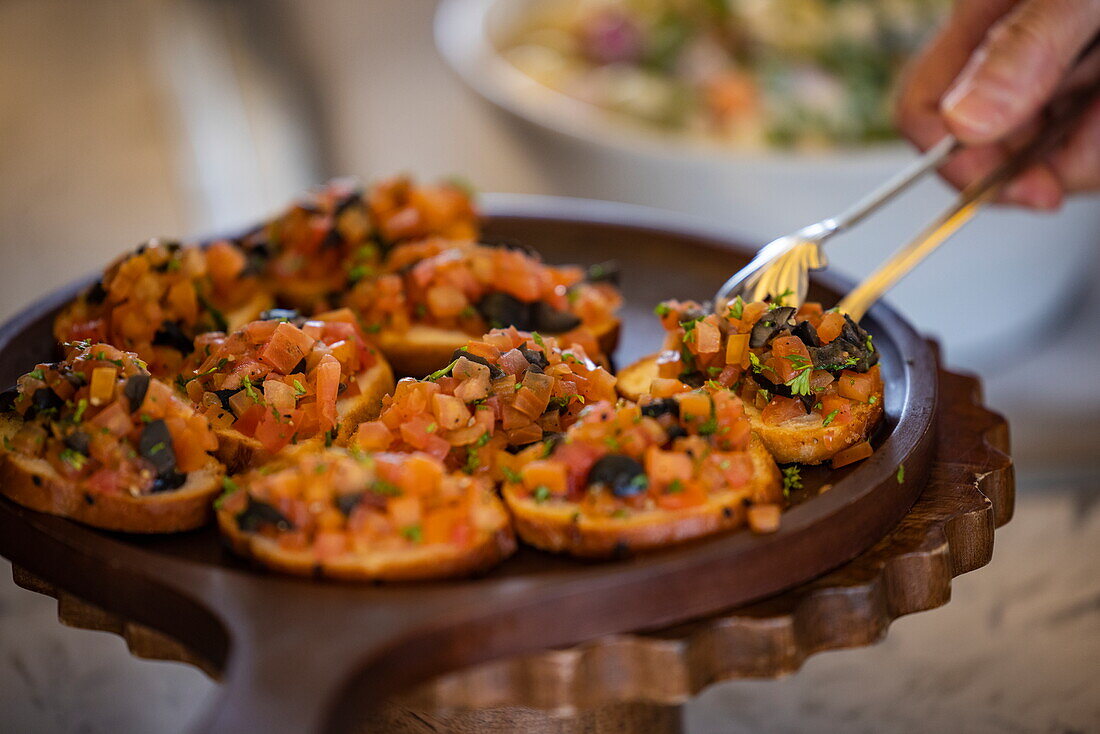  Delicious appetizers are served for lunch at the restaurant on board river cruise ship RV Thurgau Ganga Vilas (Thurgau Travel), Barisal (Barishal), Barisal District, Bangladesh, Asia 