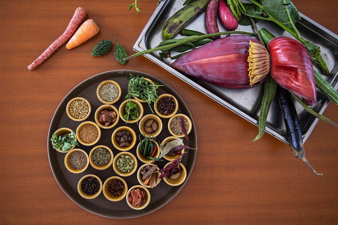  Spices and vegetables are displayed during a cooking presentation by the chef on board the river cruise ship RV Thurgau Ganga Vilas (Thurgau Travel), Mongla, Bagerhat District, Bangladesh, Asia 