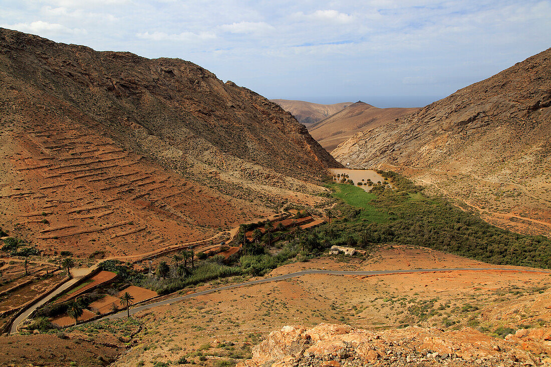  Damm und Reservoir teilweise durch Sediment verschlammt, Presa de la Penitas, Fuerteventura, Kanarische Inseln, Spanien 