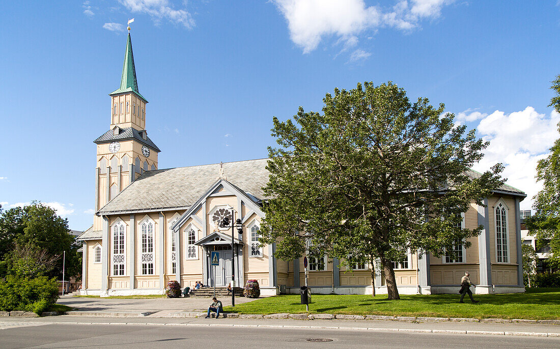 Historic wooden cathedral church in city centre, Tromso, Norway built in Gothic Revival architectural style