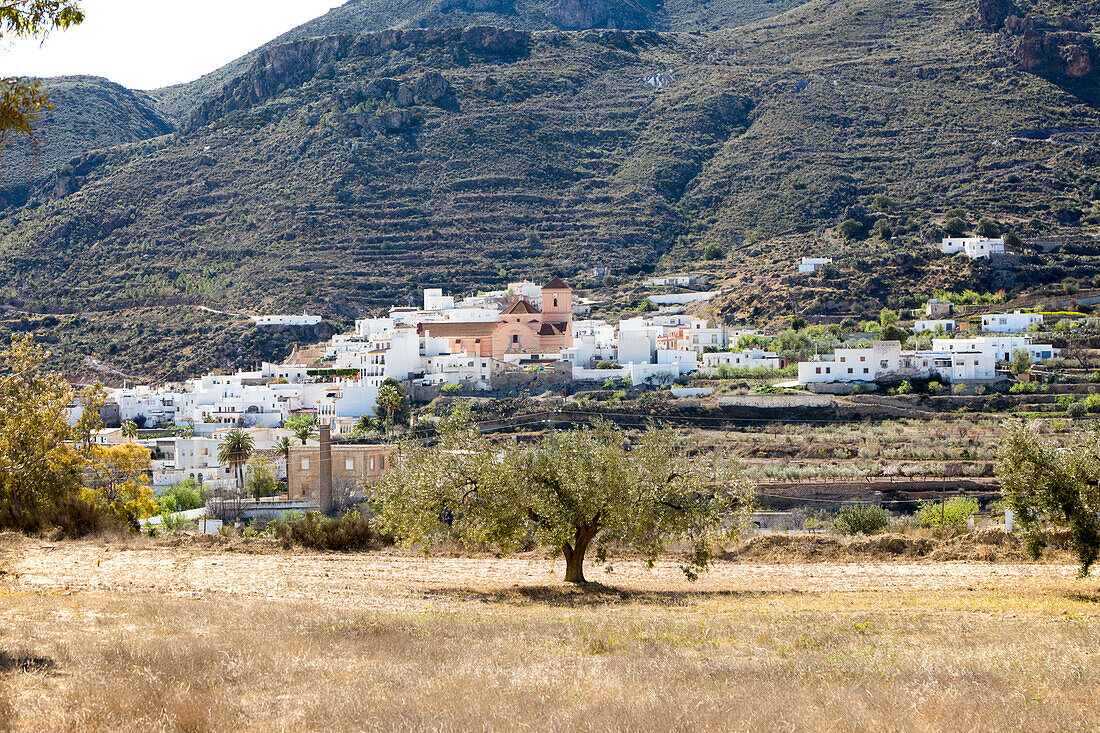 Landschaft und kleines Dorf Lucainea de las Torres, in den Bergen der Sierra Alhamilla, in der Nähe von Nijar, Almeria, Spanien