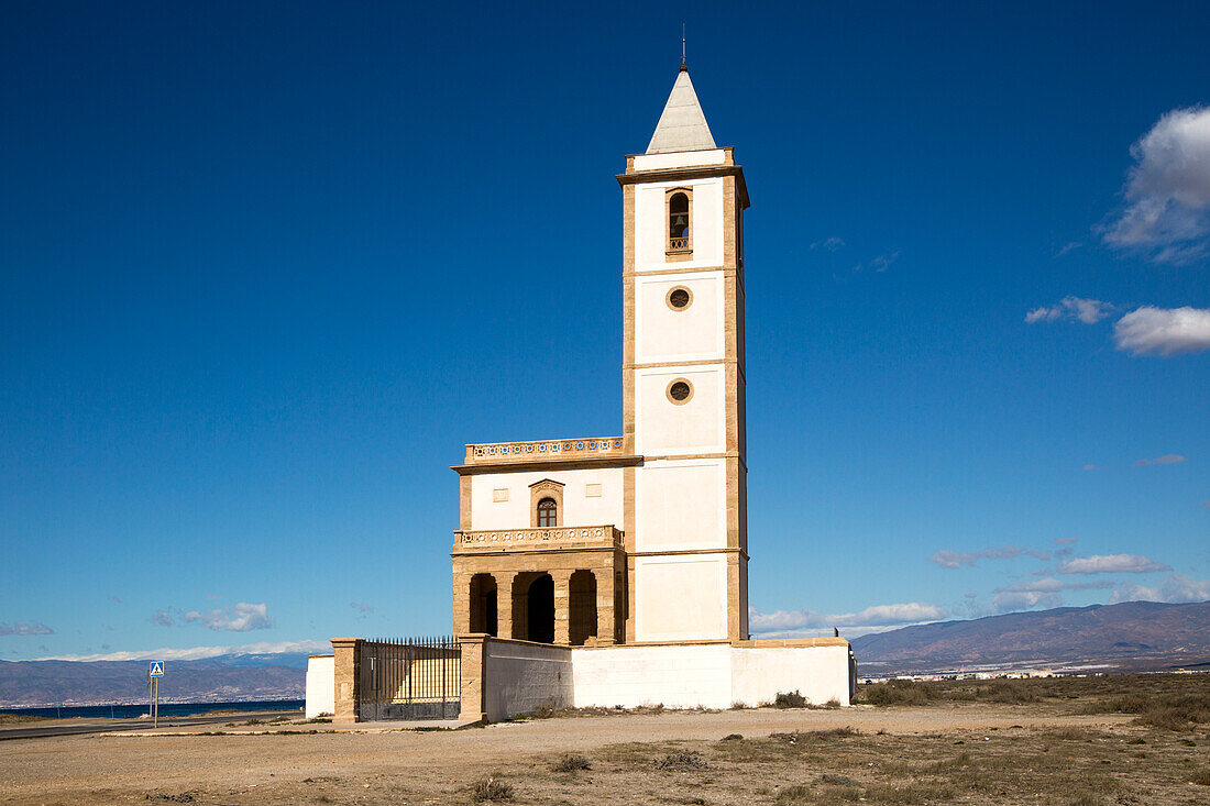 Historic church near Las Salinas, La Almadraba de Monteleva, Cabo de Gata natural park, Nijar, Almeria, Spain