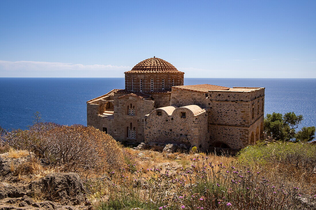  Hagia Sophia Holy Orthodox Church and Sea, Monemvasia, Peloponnese, Greece, Europe 