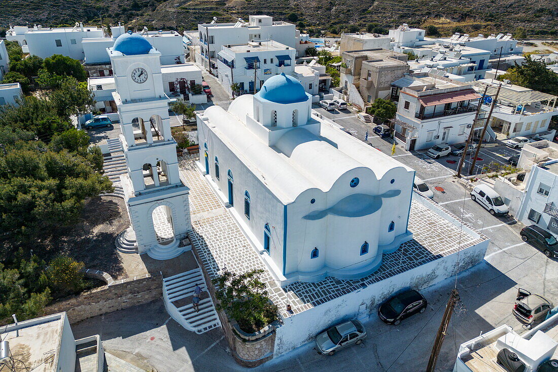  Aerial view of Agios Haralambos church with bell tower, Adamas, Milos, South Aegean, Greece, Europe 