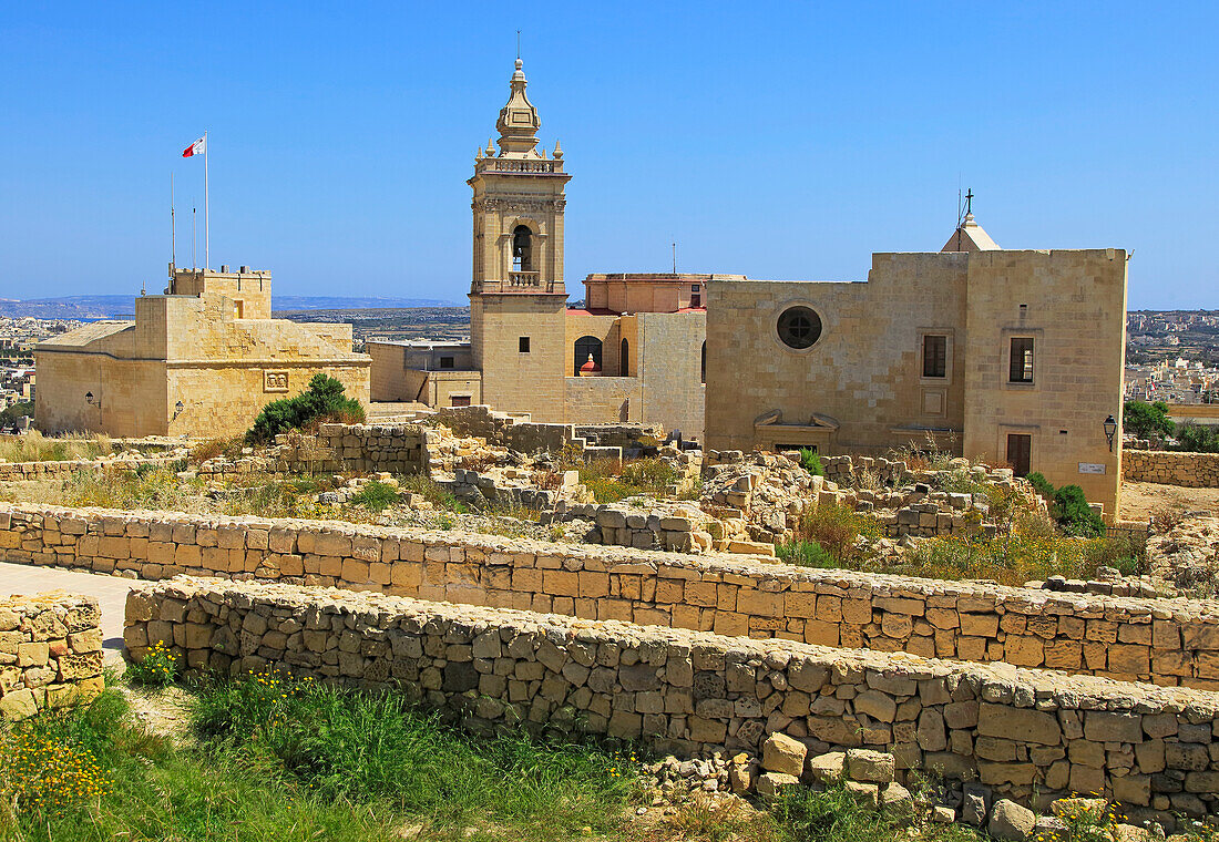 Cathedral church tower and ruins inside citadel castle walls Il-Kastell, Victoria Rabat, Gozo, Malta