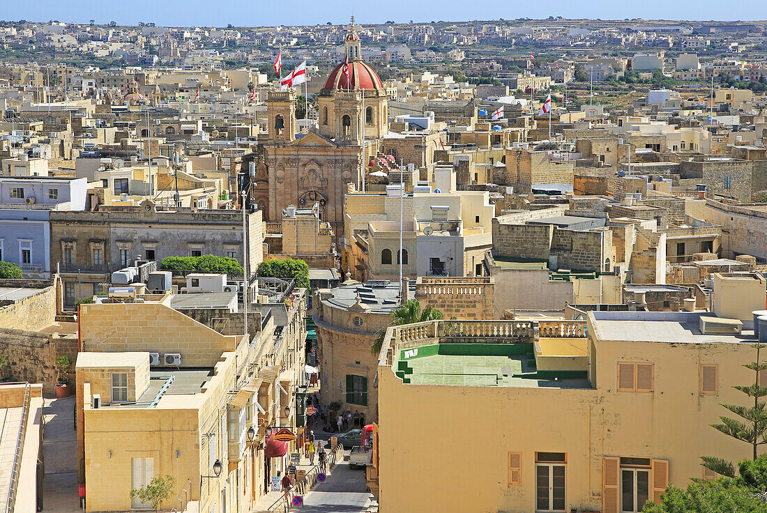 Domed roof of basilica St George church in town centre of Victoria Rabat, Gozo, Malta