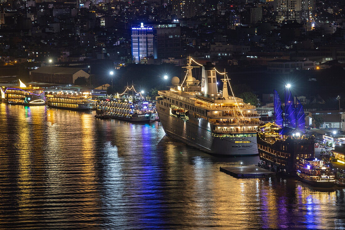  Cruise ship World Odyssey, which is used by the university association Semester at Sea as a floating campus, moored at the pier at night (former ZDF dream ship MS Deutschland), Ho Chi Minh City (Saigon), Vietnam, Asia 