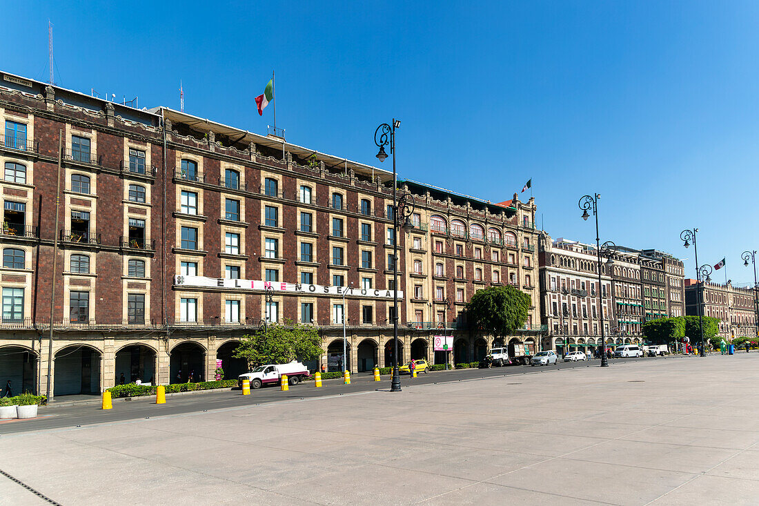 Historic buildings on west side of main city square, Plaza de la Constitucion, Monte de Piedad, Mexico City, Mexico