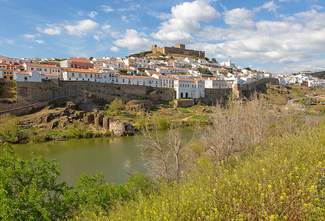 Historic hilltop walled medieval village of Mértola with castle, on the banks of the river Rio Guadiana, Baixo Alentejo, Portugal, Southern Europe