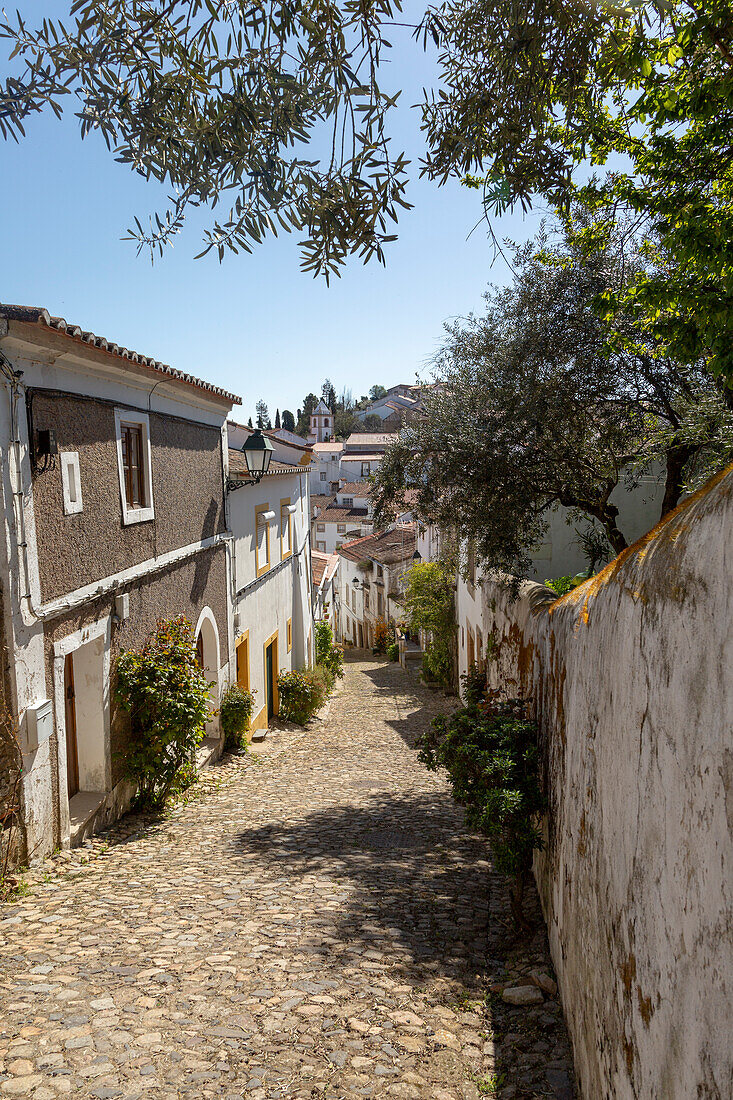 Cobbled street in Judiara the former Jewish part of Castelo de Vide, Alto Alentejo, Portugal, southern Europe