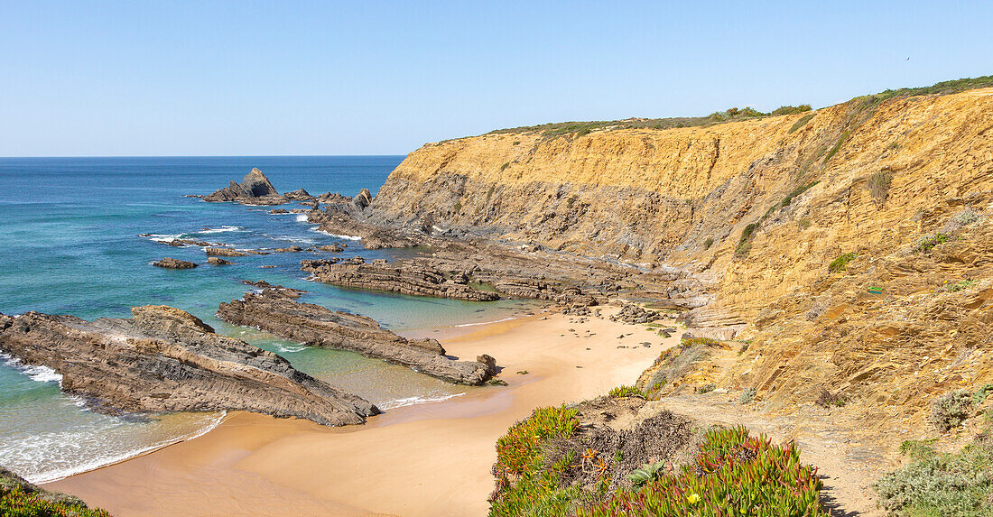 Sandy beach Praia dos Alteirinhos, Zambujeira do Mar in bay between rocky headlands part of Parque Natural do Sudoeste Alentejano e Costa Vicentina, Costa Vicentina and south west Alentejo natural park, Zambujeira do Mar, Alentejo  Littoral, Portugal, southern Europe