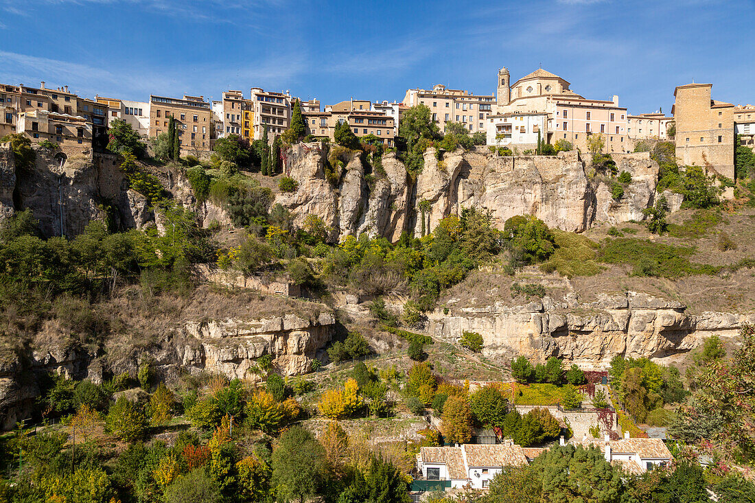 Historic buildings on cliff of river gorge, Rio Huecar, Cuenca, Castille La Mancha, Spain