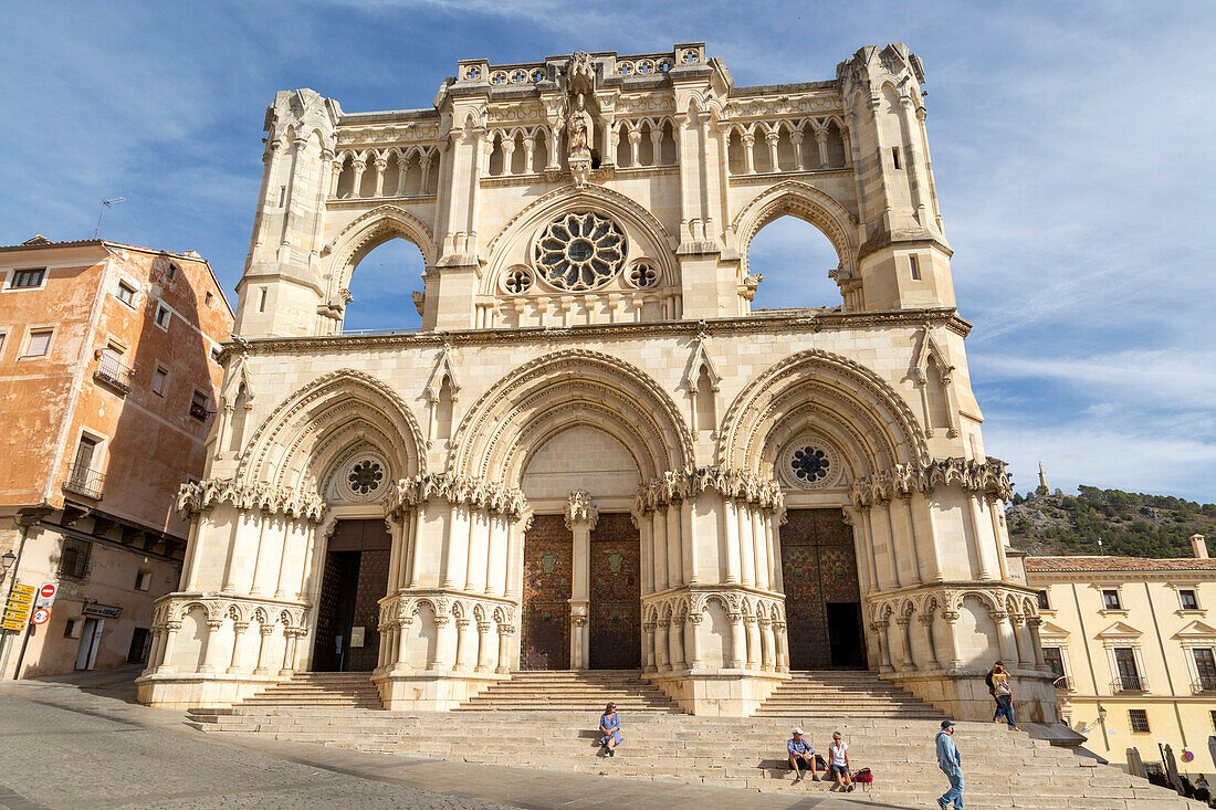 Frontage of cathedral church building,  Cuenca, Castille La Mancha, Spain, Gothic architecture