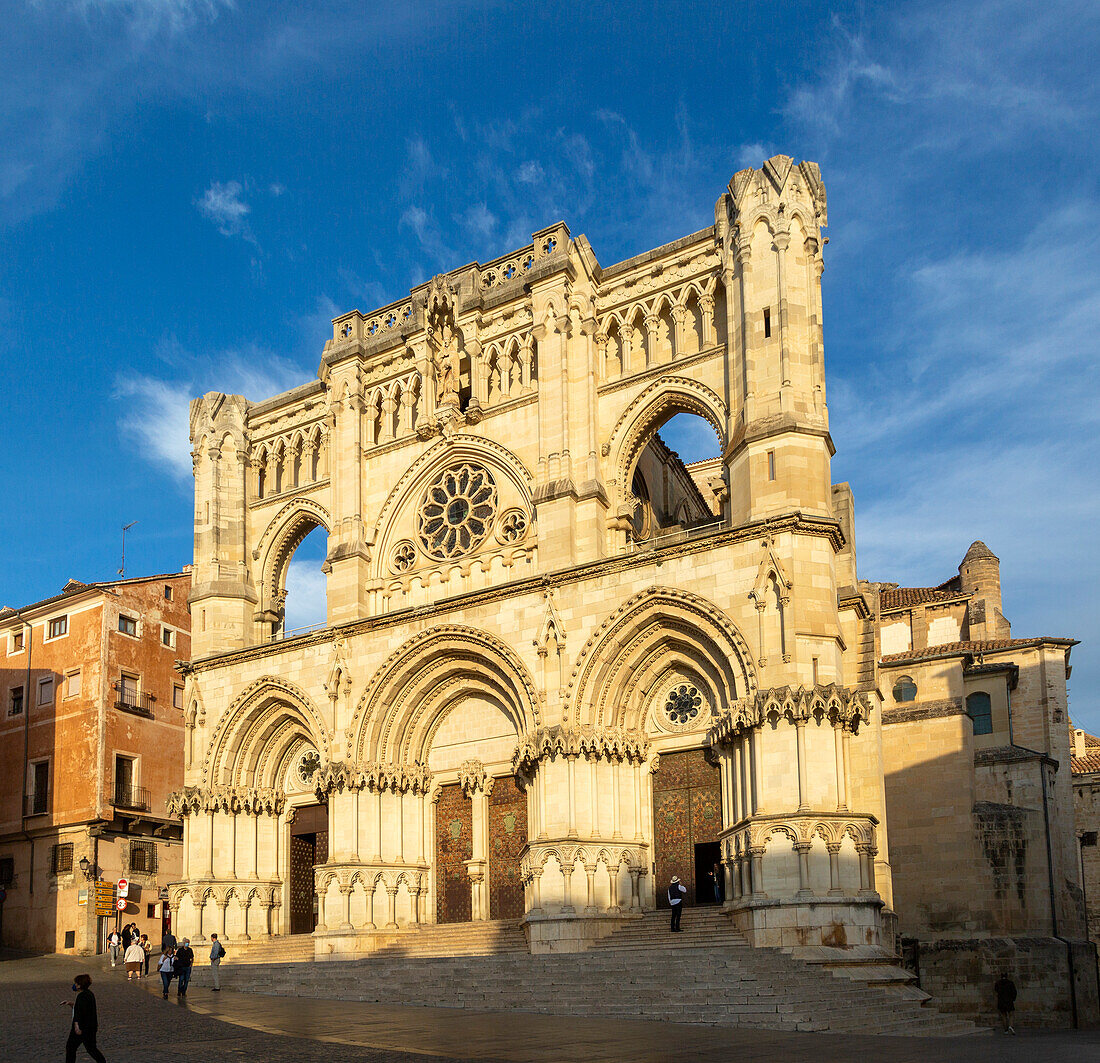 Frontage of cathedral church building,  Cuenca, Castille La Mancha, Spain, Gothic architecture