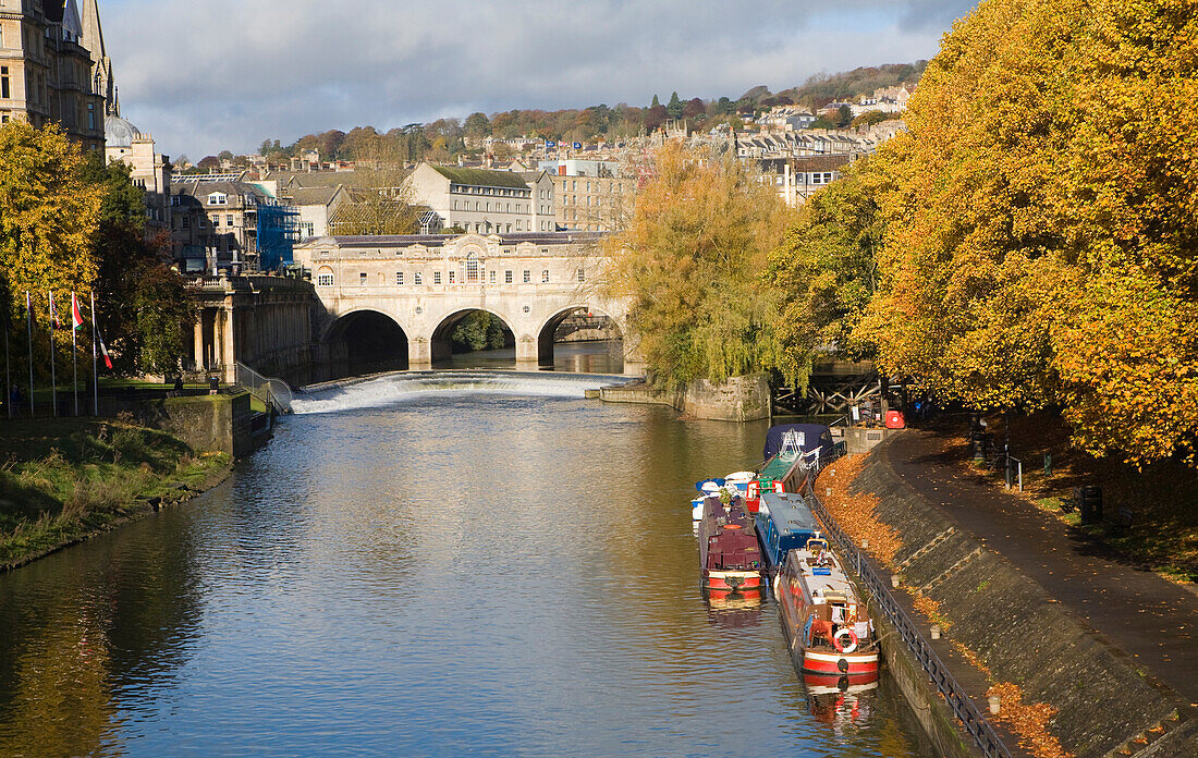 Narrow boats moored on the River Avon, Bath, Somerset, England