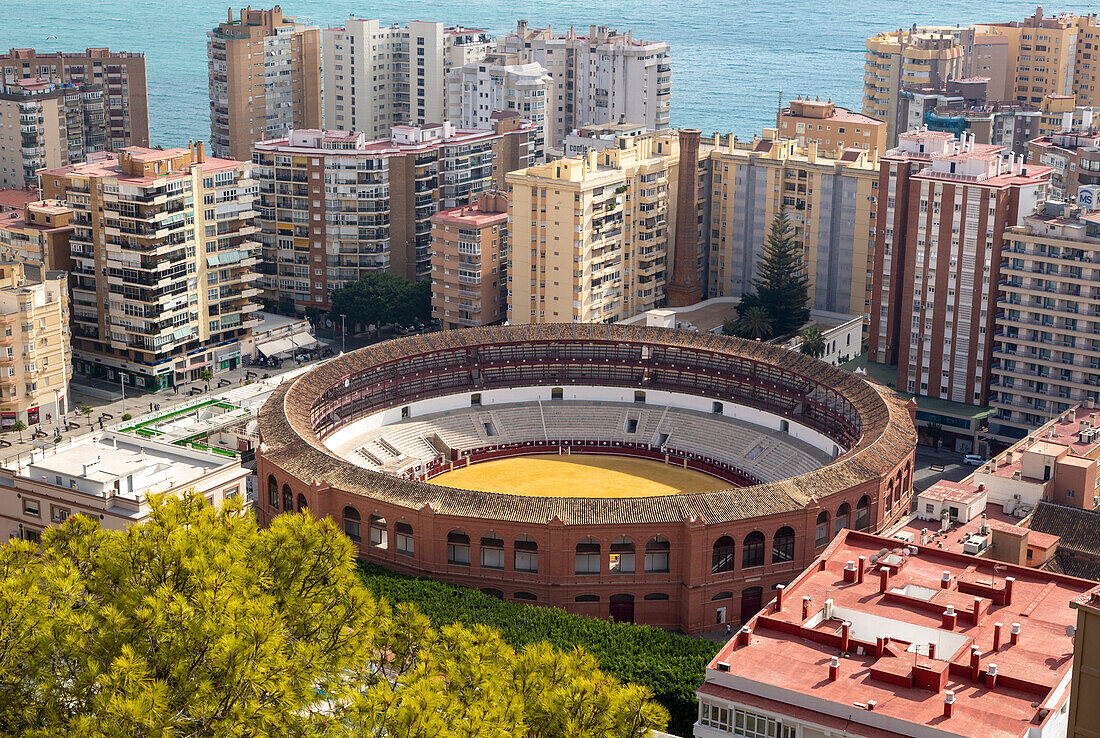 Historische Stierkampfarena in der Stadt Malaga, umgeben von Hochhäusern, Malaga, Andalusien, Spanien