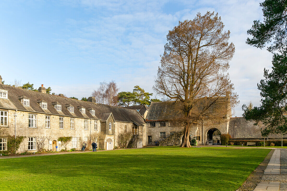 Historische mittelalterliche Gebäude im Innenhof der Great Hall, Dartington Hall Estate, Süd-Devon, England, Großbritannien