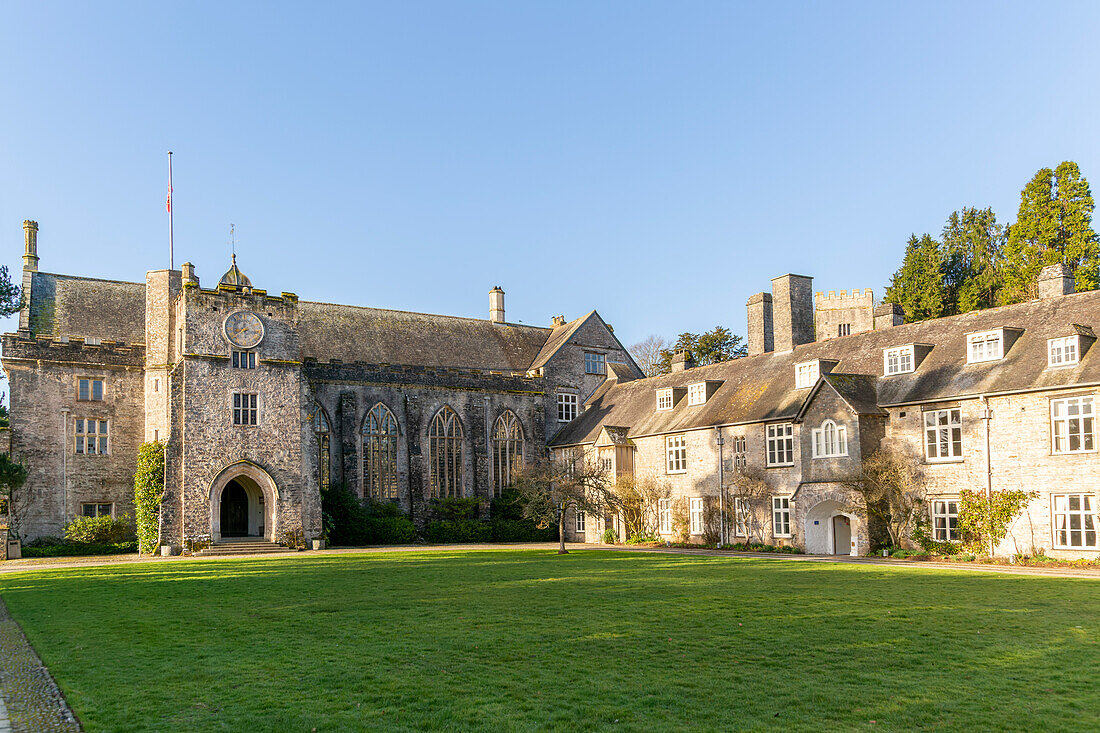 Historic medieval buildings of the Great Hall, Dartington Hall estate, south Devon, England, UK