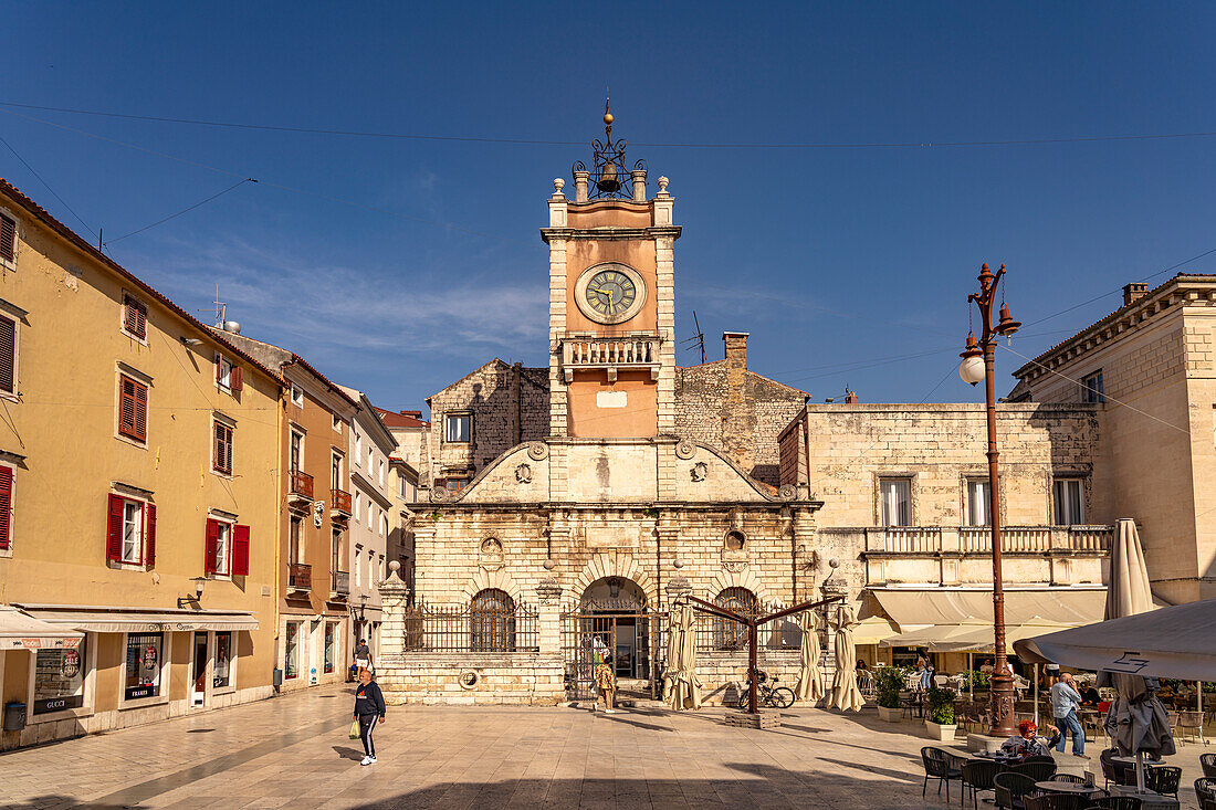 City sentinel and clock tower on Peoples square in Zadar, Croatia, Europe