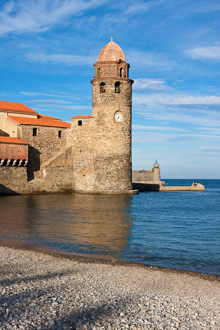  Tower of the fortified church in Collioure, Pyrénées-Orientales department, France 