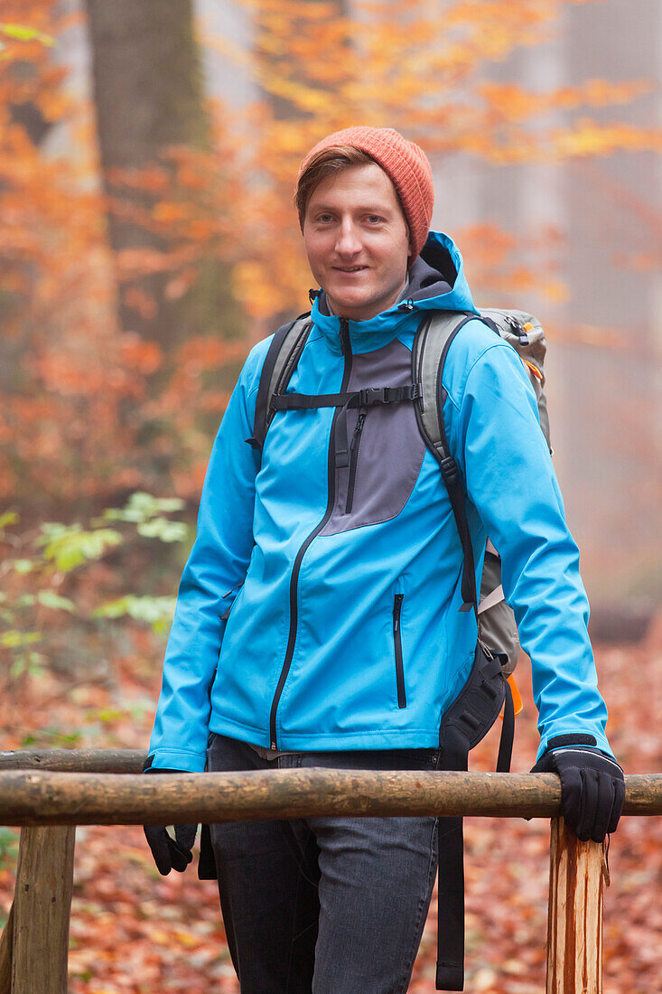  Hikers in the autumnal Palatinate Forest, Deidesheim, Rhineland-Palatinate, Germany 