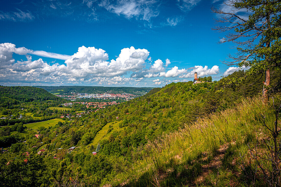 Blick auf den Fuchsturm auf dem Hausberg in Jena im Sommer bei blauem Himmel und weißen Quellwolken, Jena, Thüringen, Deutschland